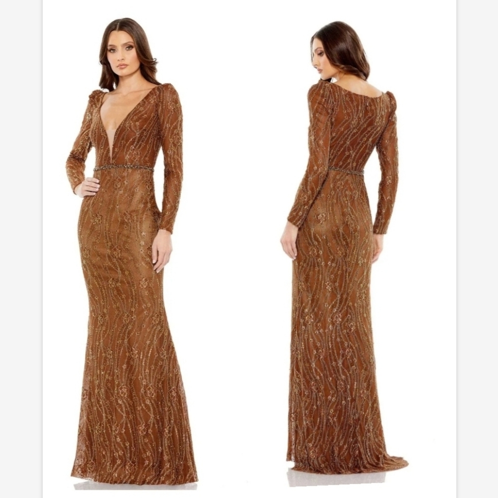 Mac Duggal Women's Embellished Long Sleeve Plunge Trumpet Gown 11159  10 bronze